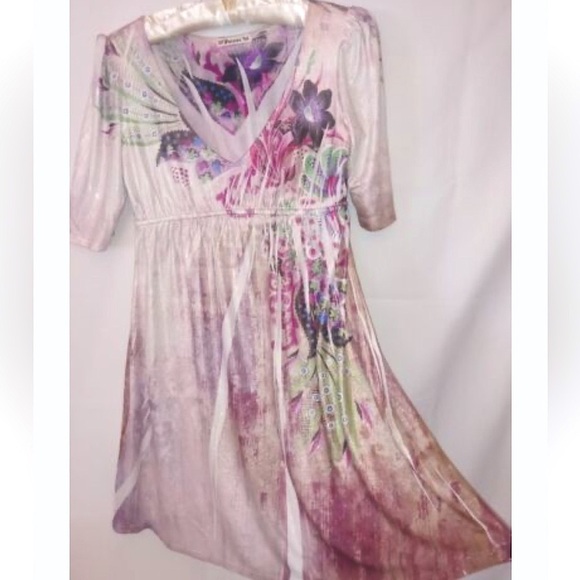 FAIRYCORE SPARKLY WHIMSIGOTH FLORAL SILKY SHIMMER V NECK DRESS - Picture 2 of 8